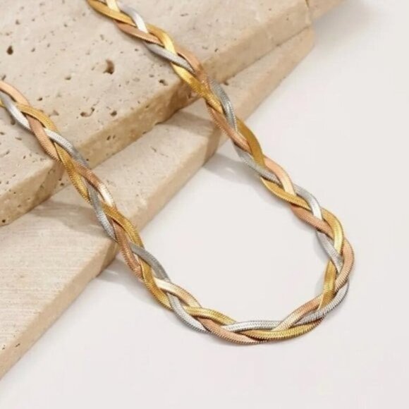 14k Gold Plated Tri-Colored Braided Snake Chain Stainless Steel Necklace - Picture 3 of 7